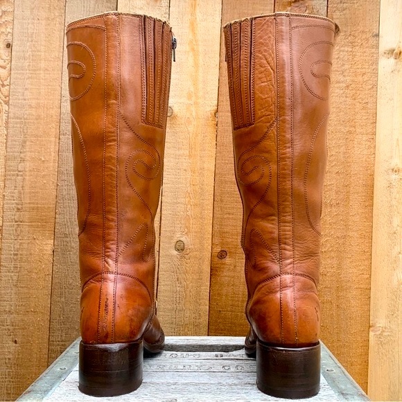 Sold Frye Campus Vintage Y2K Boots Retro Swirl Tall Knee High Chunky Brown Zip - Picture 6 of 11